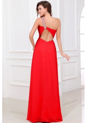 Chiffon One Shoulder Beads Backless Red Prom Holiday Dress