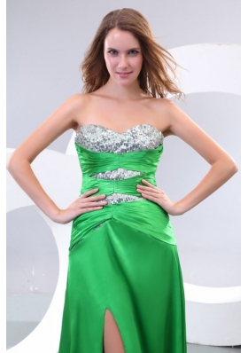 Sexy High Slit Sequined Bust Green Chiffon Long Prom Dress