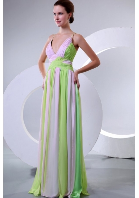 Colorful Straps Ruche Criss Crossed Back Prom Evening Dress