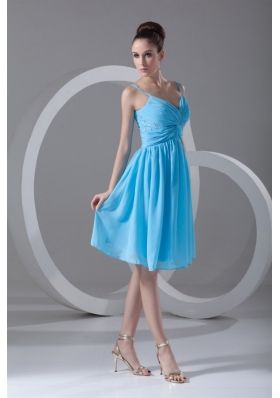 Chiffon Straps Ruched Beading Aqua Blue Prom Gown Dresses