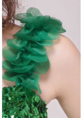 One Shoulder Sequin Ruffled Green Short Prom Pageant Dress