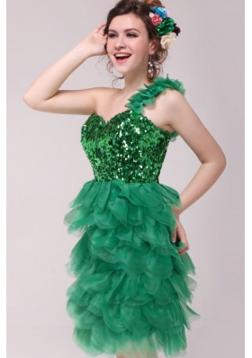 One Shoulder Sequin Ruffled Green Short Prom Pageant Dress