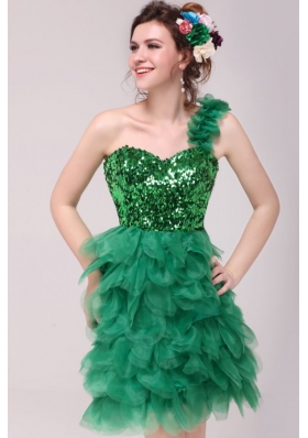 One Shoulder Sequin Ruffled Green Short Prom Pageant Dress