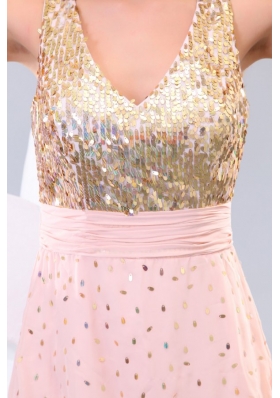 Sequin V-neck Full Length Gold and Pink Dress for Prom Party