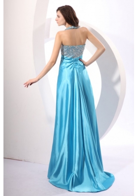 Backless Halter Top Beads Brush Train Aqua Blue Prom Gowns