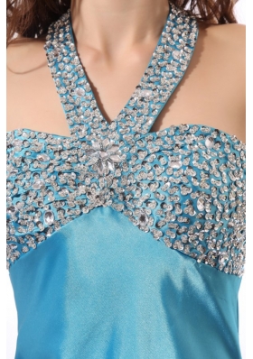 Backless Halter Top Beads Brush Train Aqua Blue Prom Gowns