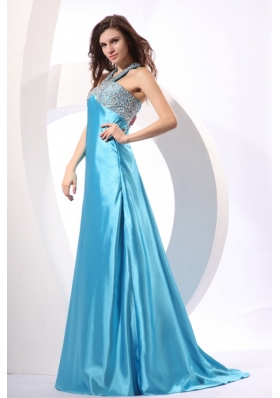 Backless Halter Top Beads Brush Train Aqua Blue Prom Gowns
