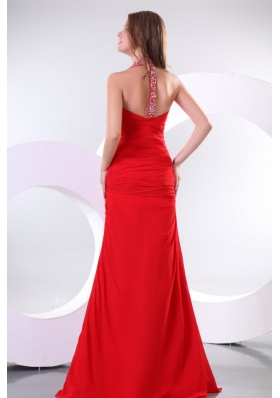 Halter Top Beading Red Ruche Brush Train Prom Holiday Dress