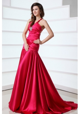 Cool Back Halter Top Beading Prom Dresses with Sweep Train