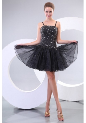 Black Straps Beading Organza Mini Length A Line Prom Dress