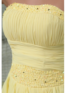 Yellow Strapless Beading Sweep Train Chiffon Prom Dresses