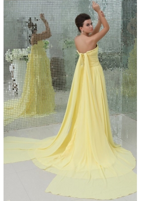 Yellow Strapless Beading Sweep Train Chiffon Prom Dresses