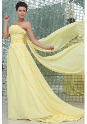 Yellow Strapless Beading Sweep Train Chiffon Prom Dresses