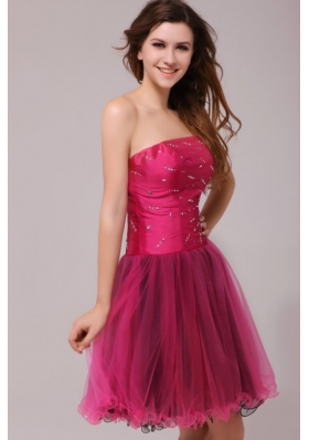 Organza Beads Strapless Fuchsia A-line Zipper Up Prom Dress