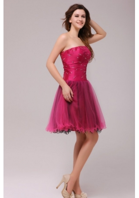 Organza Beads Strapless Fuchsia A-line Zipper Up Prom Dress