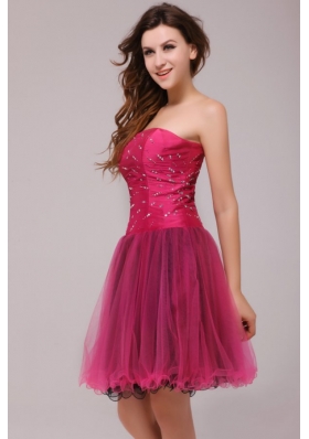 Organza Beads Strapless Fuchsia A-line Zipper Up Prom Dress