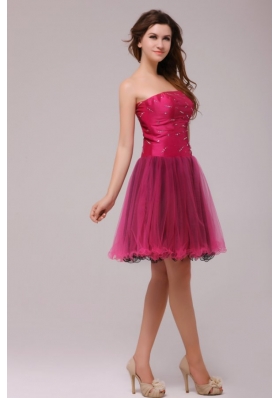 Organza Beads Strapless Fuchsia A-line Zipper Up Prom Dress