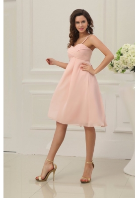 Spaghetti Straps Ruched Baby Pink Short Dress for Prom Court