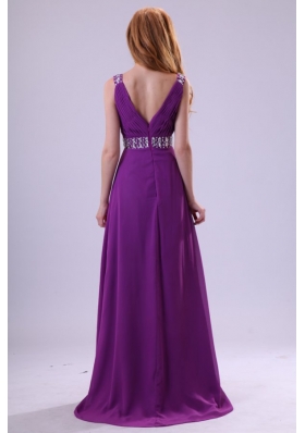 Low Price V-neck Brush Train Beaded Purple Prom Party Dress