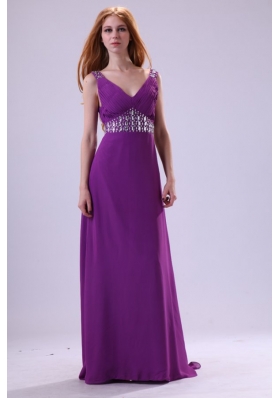 Low Price V-neck Brush Train Beaded Purple Prom Party Dress