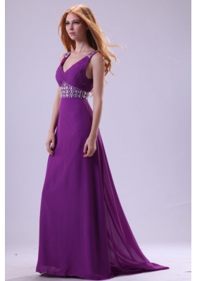 Low Price V-neck Brush Train Beaded Purple Prom Party Dress