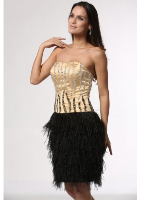 Champagne Beaded Bodice Black Feather Prom Party Dresses