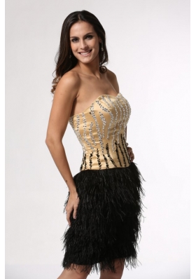 Champagne Beaded Bodice Black Feather Prom Party Dresses