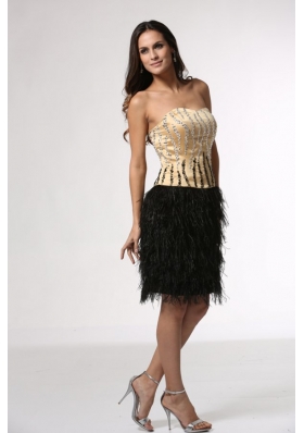 Champagne Beaded Bodice Black Feather Prom Party Dresses