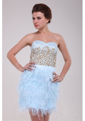 Unique Appliques Feather Light Blue Mini Length Prom Gowns