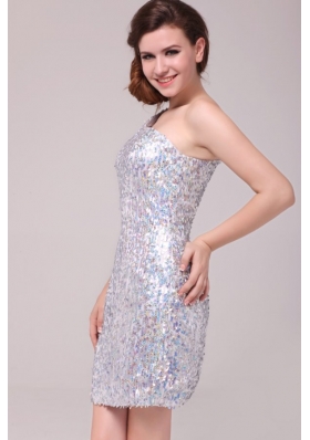 Silver One Shoulder Short Prom Gown Dresses Made by Sequin