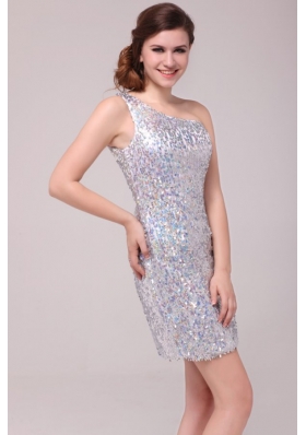 Silver One Shoulder Short Prom Gown Dresses Made by Sequin