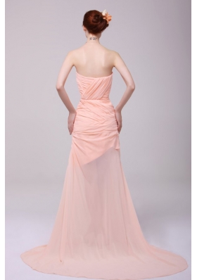 Ruching Sweetheart High Slit Brush Train Peach Prom Attire