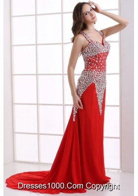 Beaded Straps Red Prom Homecoming Dress with Sweep Train