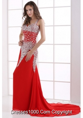 Beaded Straps Red Prom Homecoming Dress with Sweep Train