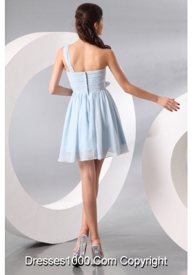 Short One Shoulder Ruche Chiffon Prom Dresses in Light Blue