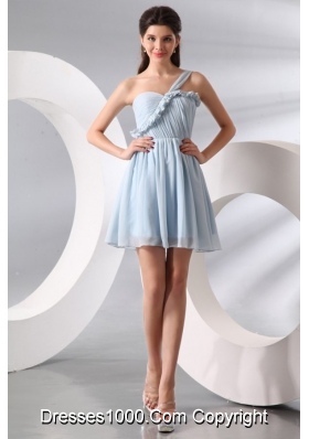 Short One Shoulder Ruche Chiffon Prom Dresses in Light Blue