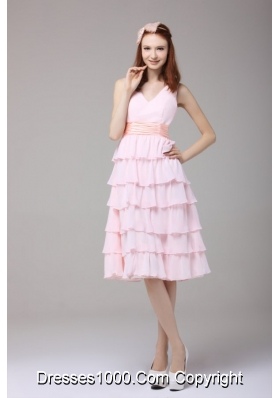 Attractive V Neck Layers Baby Pink Knee Length Prom Gowns