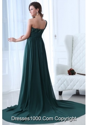 Bead One Shoulder Flower Prom Celebrity Dress in Dark Green