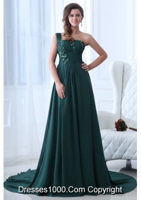 Bead One Shoulder Flower Prom Celebrity Dress in Dark Green