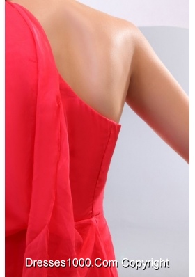 Hot Chiffon One Shoulder Single Sleeve Coral Red Prom Gown