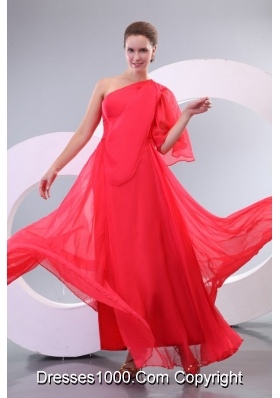 Hot Chiffon One Shoulder Single Sleeve Coral Red Prom Gown