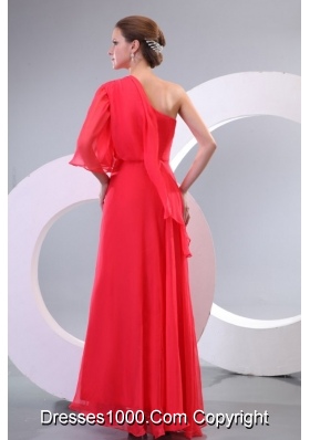 Hot Chiffon One Shoulder Single Sleeve Coral Red Prom Gown