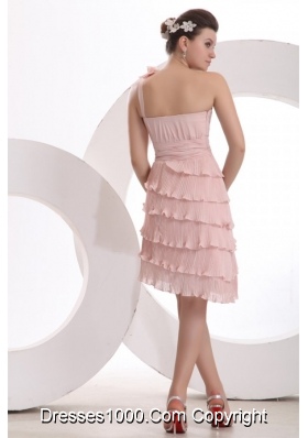 Pink One Shoulder Layers Prom Dress with Hand Made Flower