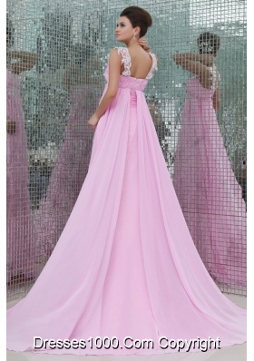 Lace Straps Ruched Rose Pink Long Prom Homecoming Dress