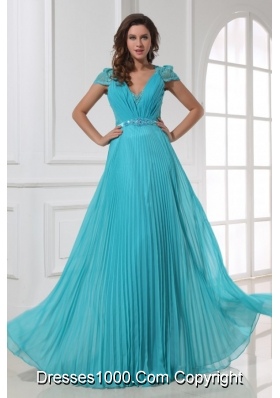 A-line Cap Sleeves Pleating Chiffon Dresses for Prom in Blue