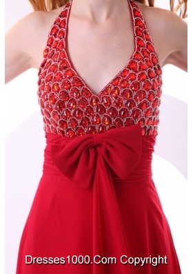 Wine Red Halter Bowknot Beading Chiffon Prom Formal Dress