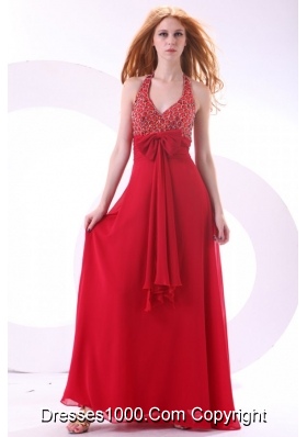 Wine Red Halter Bowknot Beading Chiffon Prom Formal Dress