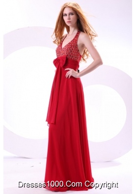 Wine Red Halter Bowknot Beading Chiffon Prom Formal Dress