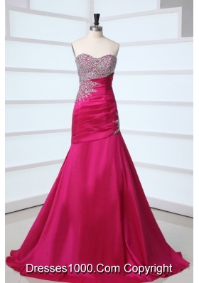 Ruched Beading Sweep Train Hot Pink Dress for Prom Princess