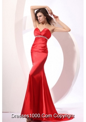 Affordable Strapless Beaded Brush Train Prom Pageant Dress
